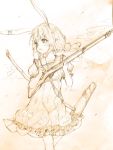  1girl animal_ears cowboy_shot crescent_moon dress greyscale gun hammer_and_sickle looking_to_the_side mallet monochrome moon nagata_nagato puffy_short_sleeves puffy_sleeves rabbit_ears rifle seiran_(touhou) short_hair short_sleeves sketch smoke solo star_print strap touhou traditional_media weapon 