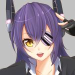  1girl absurdres checkered checkered_necktie collarbone eyepatch fingerless_gloves gloves headgear highres kantai_collection looking_at_viewer necktie niwata open_mouth purple_hair school_uniform short_hair solo tenryuu_(kantai_collection) yellow_eyes 