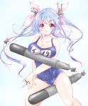  1girl blue_hair chemaru_(a8l) hair_ribbon i-19_(kantai_collection) kantai_collection name_tag one-piece_swimsuit red_eyes ribbon school_swimsuit solo star star-shaped_pupils swimsuit symbol-shaped_pupils torpedo tri_tails twintails 