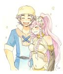  1boy 1girl braid commentary_request donny_(fire_emblem) fire_emblem fire_emblem:_kakusei hairband hat hisato long_hair navel olivia_(fire_emblem) pink_hair ponytail scar short_hair smile 