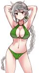  1girl alternate_costume arms_behind_back bikini braid breasts chiune_(yachi) cleavage_cutout green_bikini hair_ornament halter_top halterneck jitome kantai_collection large_breasts looking_at_viewer midriff navel silver_hair single_braid sketch solo swimsuit unryuu_(kantai_collection) 
