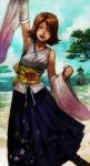 1girl breasts brown_hair detached_sleeves final_fantasy final_fantasy_x hair_ornament hakama japanese_clothes jewelry lack short_hair simple_background smile solo yuna_(ff10)