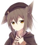  1girl animal_ears backlighting bell beret brown_eyes brown_hair cape cat_ears earrings hand_on_own_chest hand_up hat highres jewelry light_smile looking_at_viewer neck_ribbon original portrait ribbon shio_(shia-ushio) short_hair simple_background single_earring solo white_background 
