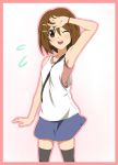  between_breasts brown_eyes brown_hair casual face hirasawa_yui ikari_manatsu k-on! short_hair solo strap_cleavage thigh-highs thighhighs wink 