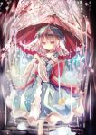  1girl blue_dress cherry_blossoms dress floral_print hat long_sleeves looking_at_viewer pink_eyes pink_hair rain saigyouji_yuyuko sash smile solo ti_owo touhou tree triangular_headpiece umbrella veil wide_sleeves 