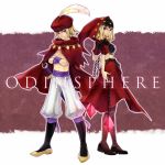  blonde_hair brother_and_sister cape chain chains crossed_arms feathers hat_feather hood ingway midriff nanashi_(nestica) odin_sphere pantyhose purple_eyes shoes siblings sword title_drop turban velvet velvet_(odin_sphere) violet_eyes weapon 