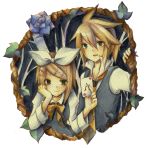  bad_id blonde_hair card cards flower green_eyes hair_ornament hair_ribbon hairclip heart hitobashira_alice_(vocaloid) holding holding_card kagamine_len kagamine_rin necktie ribbon rose short_hair siblings smile twins vocaloid 