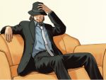  cigarette facial_hair fedora formal hat hat_over_eyes jigen_daisuke lupin_iii male necktie reclining suit 