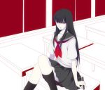  battle_royale black_hair black_legwear black_socks blunt_bangs classroom desk glowing glowing_eyes harano hime_cut iwashita_akemi kneehighs long_hair mitsuko_souma pale_skin pleated_skirt red_eyes school_terror_story school_uniform serafuku sitting skirt socks weapon 