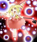  ascot blonde_hair danmaku flandre_scarlet hat laevatein miki_plus miki_purasu open_mouth outstretched_hand red_eyes short_hair skirt skirt_set solo touhou weapon wings 