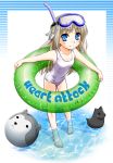  barefoot beachball blue_eyes diving_mask dog fang innertube kouno_iku little_busters! little_busters!! long_hair noumi_kudryavka one-piece_swimsuit school_swimsuit silver_hair snorkel strelka swimsuit toy wading water white_school_swimsuit 