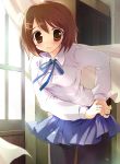  blush brown_eyes brown_hair dressing hair_ornament hairclip hirasawa_yui k-on! lens_flare mamita pantyhose school_uniform short_hair skirt solo window 