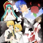  dress flower hatsune_miku hitobashira_alice_(vocaloid) kagamine_len kagamine_rin kaito meiko rose siblings sword throne twins twintails vocaloid weapon 