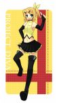  blonde_hair detached_sleeves hand_on_hip hands kagamine_rin midriff navel open_mouth project_diva skirt tamura_hiro thigh-highs thighhighs vocaloid zettai_ryouiki 