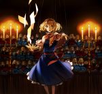  blonde_hair blue_eyes book candle capelet doll esukee floating flying_paper foreshortening hairband hat holding hourai hourai_doll paper pointing shanghai shanghai_doll short_hair standing string touhou witch_hat 