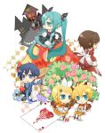  ajio78 aqua_hair asturiki_jiwo blonde_hair blood blue_eyes blue_hair brown_eyes brown_hair card cards castle cat chibi crown dress flower grin hair_ribbon hatsune_miku heart hitobashira_alice_(vocaloid) kagamine_len kagamine_rin kaito long_hair lying_card meiko mushroom ribbon rose scarf short_hair siblings sitting smile socks striped striped_scarf twins twintails very_long_hair vocaloid 