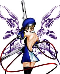  akimbo back beret blazblue blonde_hair detached_sleeves gloves green_eyes gun hat noel_vermillion short_dress short_hair thigh-highs weapon zettai_ryouiki 