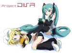  aqua_eyes aqua_hair bad_id blonde_hair detached_sleeves girls_playing_games hair_ornament hair_ribbon hairclip hatsune_miku headphones kagamine_rin long_hair lying massala multiple_girls necktie on_side playing_games playstation_portable project_diva psp ribbon short_hair sitting skirt thigh-highs thighhighs twintails very_long_hair video_game vocaloid zettai_ryouiki 