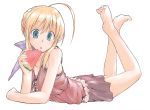  :o ahoge barefoot blonde_hair blue_eyes braid casual dorago eating fate/stay_night fate_(series) feet food fruit hair_bun hair_ribbon holding holding_fruit lying on_stomach open_mouth ribbon saber simple_background skirt soles solo toes watermelon white_background 