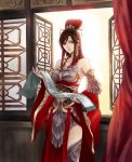  bare_shoulders black_hair chinese_clothes curtains detached_sleeves earrings hair_ornament hat headdress jewelry long_hair original red_eyes scroll solo thighhighs window 