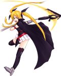  bardiche cape fate_testarossa long_hair mahou_shoujo_lyrical_nanoha mahou_shoujo_lyrical_nanoha_a&#039;s mahou_shoujo_lyrical_nanoha_a's red_eyes ribbon scythe simple_background thigh-highs thighhighs twintails very_long_hair 