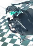  belt bikini_top black_hair black_rock_shooter black_rock_shooter_(character) boots chain chains coat flat_chest gloves glowing glowing_eyes laio long_hair midriff navel pale_skin scar shorts twintails 