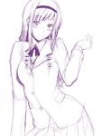  1girl amagami blazer blush hairband leaning_forward long_hair monochrome morishima_haruka purple school_uniform sketch smile solo utamaro 