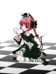  braid cane cat_tail checkerboard checkered gothic_lolita hat highres kaenbyou_rin kneeling lolita_fashion multiple_tails red_eyes red_hair redhead shrie solo tail touhou twin_braids 