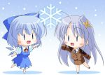  ahoge blue_hair blush chibi cirno crossover dress formal hair_ribbon hairclip long_hair mahou_shoujo_lyrical_nanoha mahou_shoujo_lyrical_nanoha_strikers miniskirt moegi_yuu multiple_girls rakugetsu reinforce_zwei ribbon short_hair silver_hair skirt snow snowflake snowflakes suit touhou 