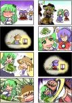  4koma :t [] apron black_hair blonde_hair blush bow braid chibi closed_eyes clothes_writing comic detached_sleeves directional_arrow embroidery eyes frog gohei green_eyes green_hair hair_bow hakurei_reimu hat highres kirisame_marisa kochiya_sanae lantern moriya_suwako multiple_4koma punch punching purple_hair rope short_hair silent_comic snake starry_eyes tears touhou trembling witch_hat yasaka_kanako yellow_eyes 