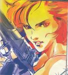  close-up desert_eagle gun handgun highres meryl_silverburgh metal_gear_solid official_art pistol red_hair redhead scan scan_artifacts semiautomatic shinkawa_yoji shinkawa_youji weapon 