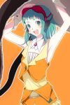  belt blush bra bra_on_head frills gathers goggles green_eyes green_hair gumi harano headset lingerie object_on_head orange_background short_hair showing_armpits skirt smile solo underwear vocaloid wing_collar wrist_cuffs 