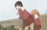  azumanga_daiou bad_id brown_hair looking_back mihama_chiyo power_lines red_hair redhead school_uniform short_hair skirt sky takino_tomo twintails 