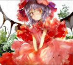  asuka_(moto) between_thighs dress faux_traditional_media flower frilled_dress frills frilly_dress hat purple_hair red_eyes remilia_scarlet rose silver_hair smile solo touhou ultimate_asuka v_arms wings 