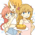  blue_eyes blush brown_hair cake child crossover food gake_no_ue_no_ponyo happy hug long_hair multiple_girls nami neon_genesis_evangelion one_piece orange_hair pastry pink_hair ponyo ponyo_on_the_cliff_by_the_sea rebuild_of_evangelion shikinami_asuka_langley shorts smile souryuu_asuka_langley tattoo yukke 