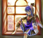  1girl barefoot book head_wings hinami_(hinatamizu) horns multicolored_hair red_eyes sitting tokiko_(touhou) touhou window wings 