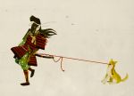  artist_request black_hair cherry_blossoms dog katana kote kusazuri long_hair pacazama petals pulling samurai samurai_armor sheath shiba_inu simple_background sode suneate sword weapon wind 