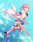  1girl bare_back bare_shoulders blue_eyes blue_sky blush boots clouds collar detached_sleeves dress elbow_gloves fingerless_gloves gauntlets gloves kimino_tomonari long_hair looking_back original pink_hair ribbon sky solo sword tiara twintails weapon 