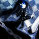  bikini_top black_hair black_rock_shooter black_rock_shooter_(character) blue_eyes chain chains coat gloves glowing glowing_eyes long_hair midriff navel pale_skin shorts strib_und_werde twintails 