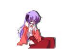  demon detached_sleeves hanyuu higurashi_no_naku_koro_ni horns kimono long_hair miko open_mouth oyashiro-sama pale purple_hair sad shy simple_background sitting white 