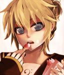  blonde_hair blue_eyes cake cream food fruit kagamine_len male mukkun pastry short_hair solo strawberry vocaloid 