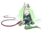  bare_shoulders blue_eyes earrings final_fantasy final_fantasy_iv final_fantasy_iv_the_after green_hair highres jewelry long_hair official_art oguro_akira rydia solo thigh-highs thighhighs whip 