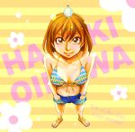  bikini bikini_top blush bracelet breasts brown_eyes brown_hair cleavage flower from_above hands_in_pockets jewelry lips lipstick looking_up midriff moyashimon navel oikawa_hazuki sandals short_hair striped striped_bikini striped_swimsuit swimsuit yuki_(kinkoi) yuki_(pixiv4446) 