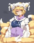  1girl blonde_hair blush fox_tail hands_in_sleeves hat iroyopon multiple_tails open_mouth short_hair simple_background solo tail touhou yakumo_ran yellow_eyes 