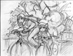  1boy 1girl :3 animal_ears backpack backwards_hat bag baseball_cap bicycle bicycle_riding bkub_(style) cat_ears chen crossover earrings explosion golden_boy hat jewelry monochrome ooe_kintarou pan!ies parody sketch touhou traditional_media 