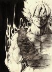  blonde_hair blood dragon_ball dragon_ball_z dragonball dragonball_z evil_grin evil_smile graphite graphite_(medium) hair_up ki koki_(pixiv) male manly monochrome muscle sketch smile son_goku son_gokuu super_saiyan torn_clothes traditional_media yellow 