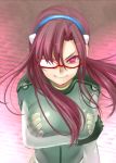  breast_hold breasts evangelion:_2.0_you_can_(not)_advance glasses hairband large_breasts long_hair makinami_mari_illustrious mamepon neon_genesis_evangelion pink_eyes plugsuit purple_hair rebuild_of_evangelion smile solo twintails 