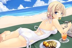  1girl ass beach blonde_hair blue_eyes book braid bread cellphone clouds cupcake darjeeling earphones food girls_und_panzer juice looking_back mat mouth_hold nksk ocean on_stomach open_book phone short_hair sky solo water white_swimsuit 