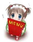  blush brown_hair child from_above looking_up lowres menu translated twintails waitress 