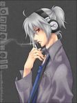  cigarette headphones honne_dell male necktie ponytail red_eyes short_hair silver_hair smoking solo vocaloid voyakiloid 